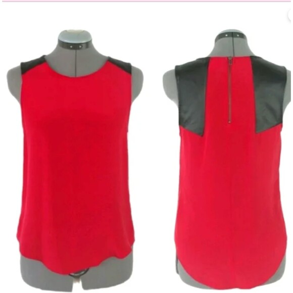 Parker Red Size XS Sleeveless Silk Blouse w/Leather Shoulders - Picture 1 of 6